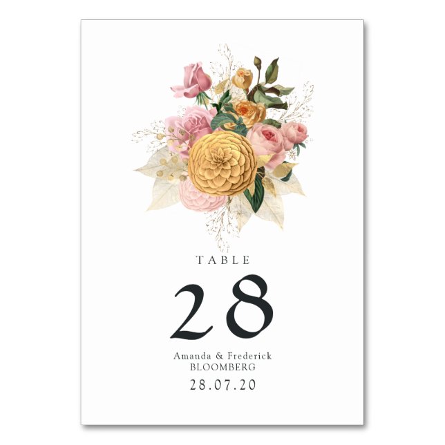 Tarjeta De Mesa Boda floral rosa y dorado (Anverso)