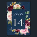 Tarjeta De Mesa Boda floral rosada Rubor Blue Burgundy Gold<br><div class="desc">El diseño presenta un elegante fondo de color azul oscuro con un ramo de acuarela o una corona en tonos rojo burdeos,  Marsala,  rosa claro,  melocotón y más sobre elementos verdes de eucalipto y hojas de oro vintage.</div>