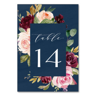 Tarjeta De Mesa Boda floral rosada Rubor Blue Burgundy Gold