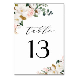 Tarjeta De Mesa Boda floral Rubor de oro rosa y magnolia blanca