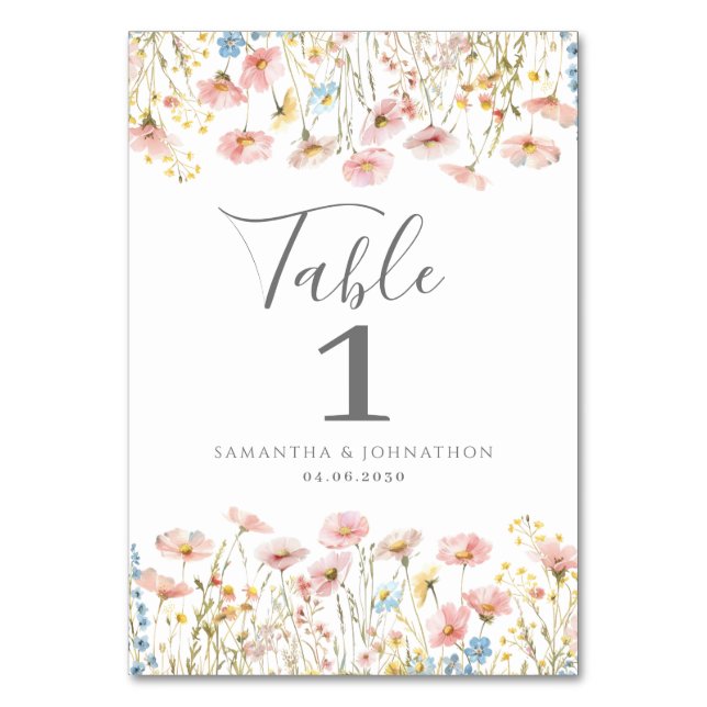 Tarjeta de mesa Boda floral Rubor Pink Wildflower (Anverso)