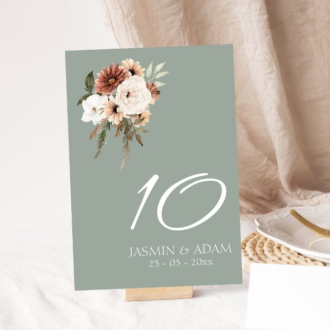 Tarjeta De Mesa Boda floral Rustic Sage Green Peach (Rustic Sage Green Peach Floral Wedding Table Number)
