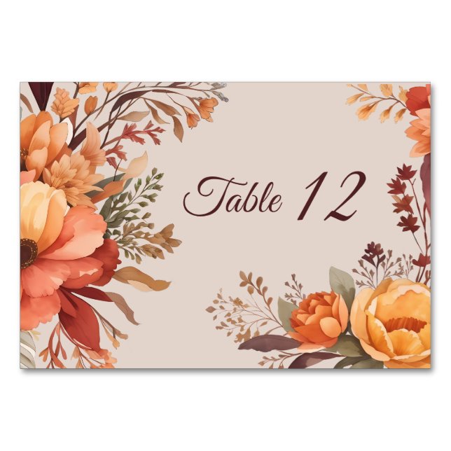 Tarjeta De Mesa Boda Floral Rústica Acuarela de Otoño  (Anverso)