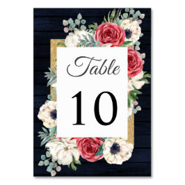Tarjeta De Mesa Boda floral rústica de madera en color navy, borgo