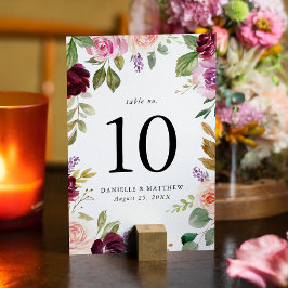 Tarjeta De Mesa Boda floral rústica rosa, borgoña y púrpura