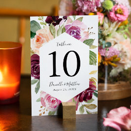 Tarjeta De Mesa Boda floral rústica rosa burgundy y púrpura
