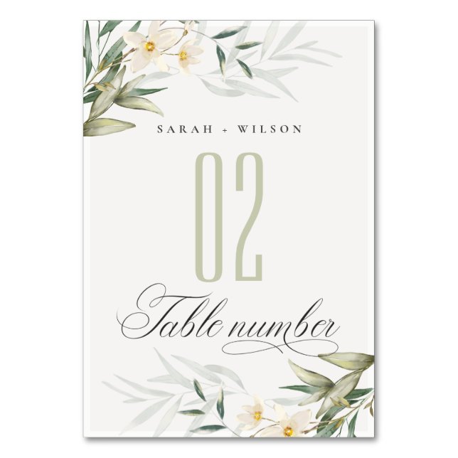 Tarjeta De Mesa Boda floral rústico elegante de vegetación blanca (Anverso)