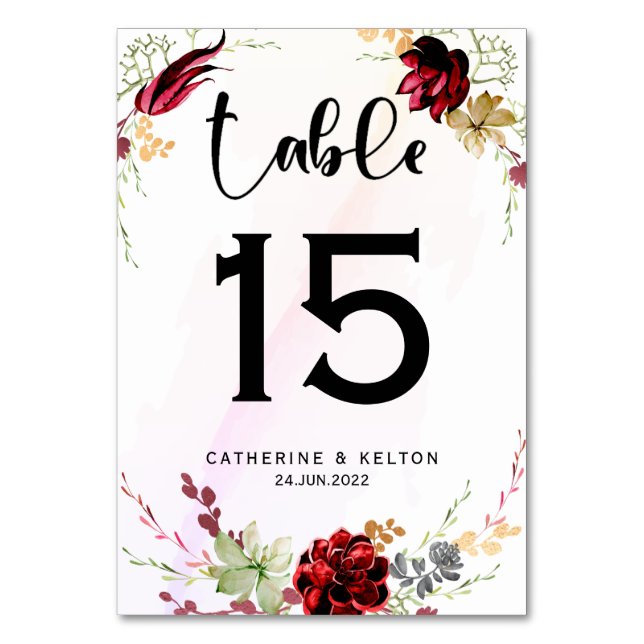 Tarjeta De Mesa Boda floral Rústico Elegante Rojo (Anverso)