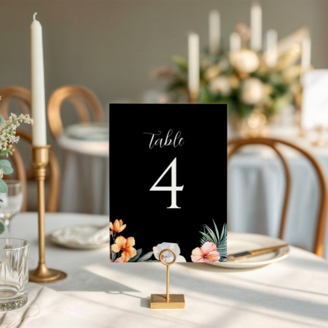 Tarjeta De Mesa Boda floral tropical oscuro Número de tabla (tropical wedding table sign black)