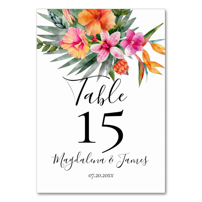 Tarjeta De Mesa Boda floral tropical rosa y Naranja (Anverso)