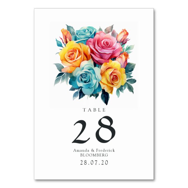 Tarjeta De Mesa Boda floral turquesa, amarilla y rosa (Anverso)