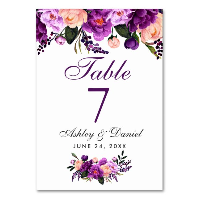 Tarjeta De Mesa Boda floral ultravioleta púrpura acuática GP (Anverso)