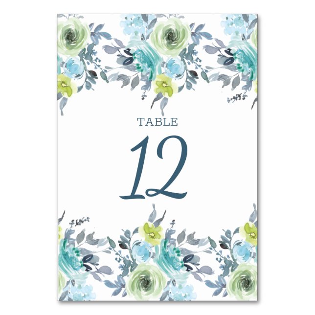 Tarjeta De Mesa Boda floral verde amarillo azul claro (Anverso)