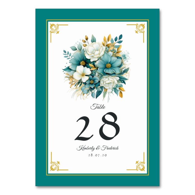 Tarjeta De Mesa Boda floral verde azulado y dorado (Anverso)