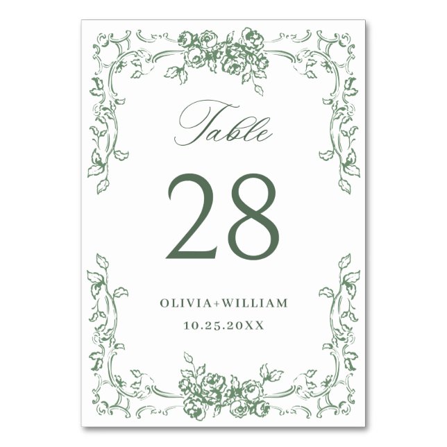 Tarjeta De Mesa Boda floral verde de origen renacentista (Anverso)