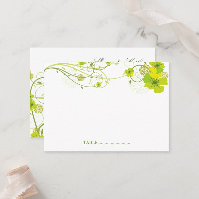 Tarjeta De Mesa Boda Floral Verde Hibiscus Swirls (Anverso/Reverso In Situ)