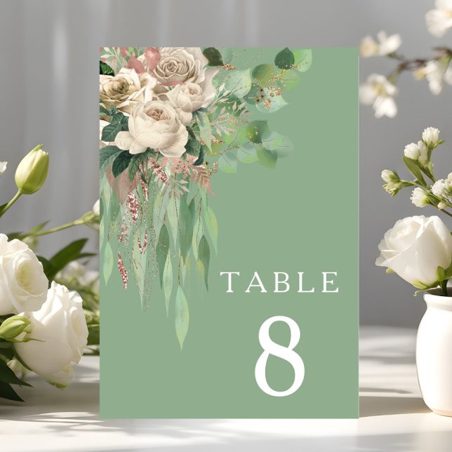 Tarjeta De Mesa Boda floral verde moderna (Modern Green Floral Wedding Table Number)