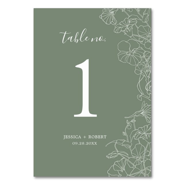 Tarjeta De Mesa Boda floral verde sabio moderno (Anverso)