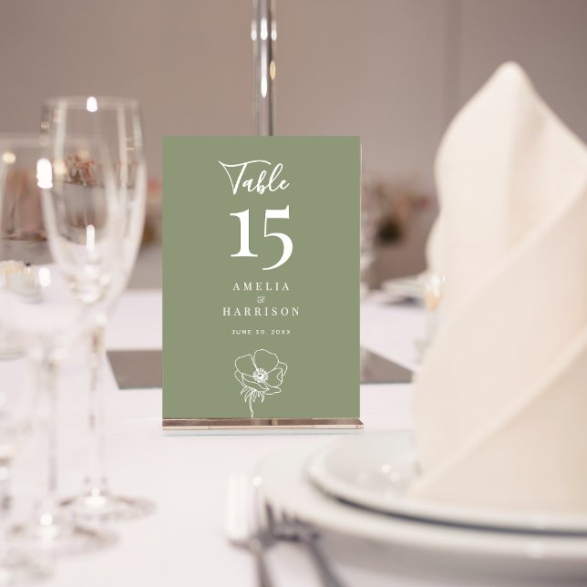 Tarjeta De Mesa Boda floral verde sabio número de tabla pequeño (Sage Green Floral Wedding Small Table Number with Line Art Flower.)