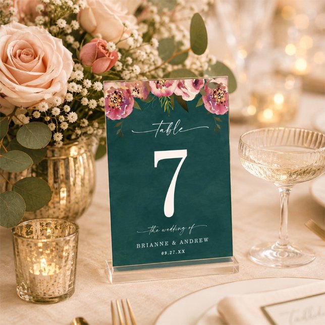 Tarjeta De Mesa Boda Floral Verde Turquesa Profundo Chic Blooming (Subido por el creador)