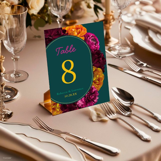 Tarjeta De Mesa Boda floral verde verde rosa caliente amarillo mod (Subido por el creador)