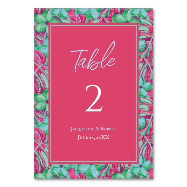 Tarjeta De Mesa Boda floral verde y rosa tropical (Anverso)