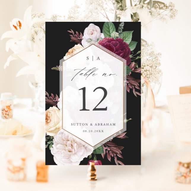 Tarjeta De Mesa Boda Floral Vintage (Vintage Floral Bouquet Black  Wedding Table Number Cards.)