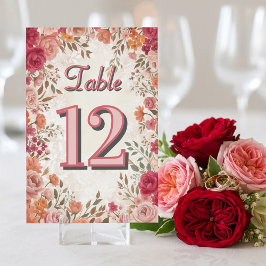 Tarjeta De Mesa Boda floral vintage de primavera rosa y rojo