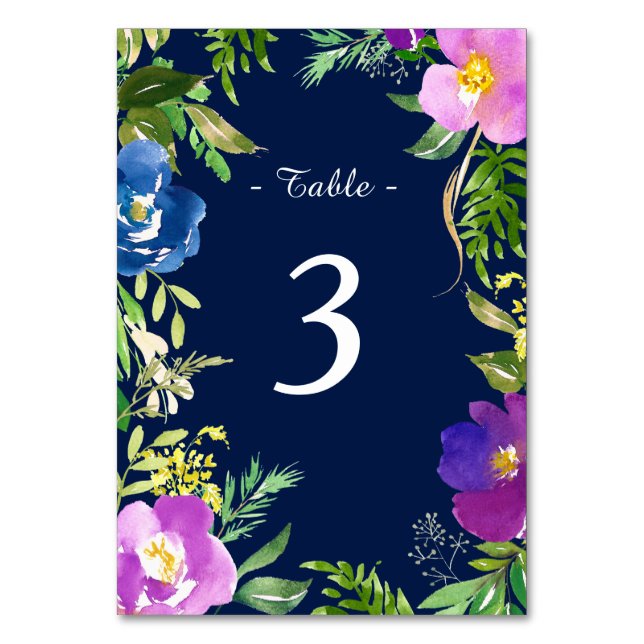 Tarjeta De Mesa Boda floral violeta azul de la marina (Anverso)