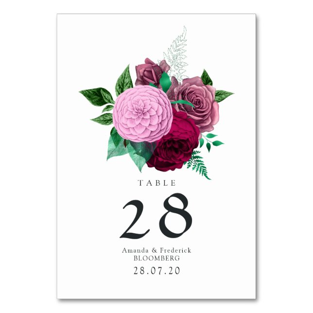 Tarjeta De Mesa Boda floral Viva Magenta (Anverso)