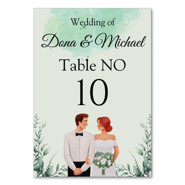 Tarjeta De Mesa Boda fluida con acuarela verde personalizada (Anverso)