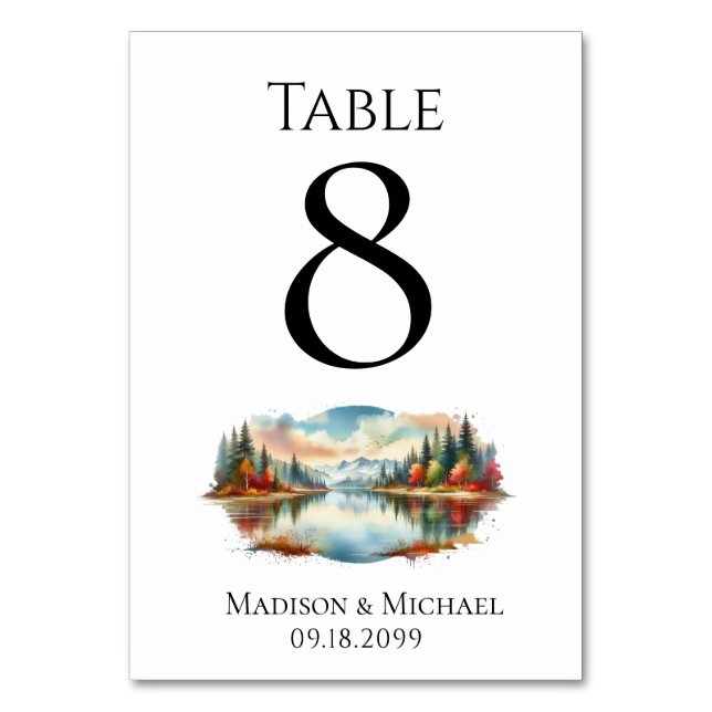 Tarjeta De Mesa Boda Forestal Rustic Otumn Lakeside (Anverso)