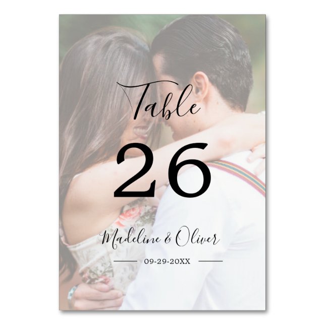 Tarjeta De Mesa Boda Foto Elegante Número de Tabla de Guión Modern (Anverso)
