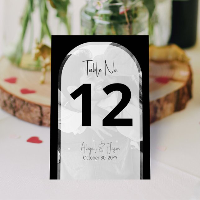 Tarjeta De Mesa boda fotográfico de arcos blancos y negros de 💍 M (Your photo is automatically converted for our minimalist black + white arched Wedding Table Numbers)