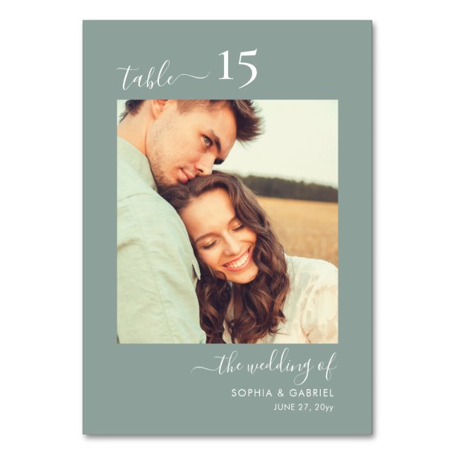 Tarjeta De Mesa Boda fotográfico de caligrafía doble cara Sage Gre (Reverso)