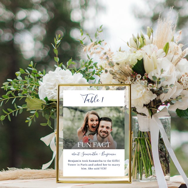 Tarjeta De Mesa Boda fotográfico de Navy Blue Elegant Script Fun F (Subido por el creador)