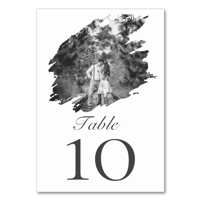 Tarjeta De Mesa Boda fotográfico de pincel moderno | Blanca (Anverso)