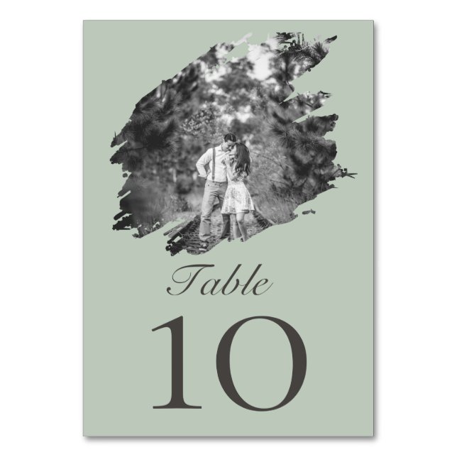 Tarjeta De Mesa Boda fotográfico de pincel moderno | Verde salvia (Anverso)