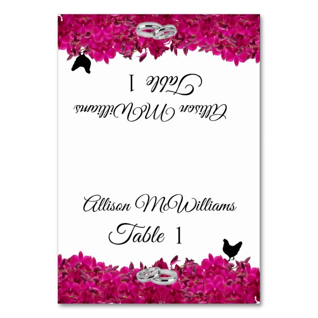 Tarjeta De Mesa Boda-Fuchsia Orquídea Icono de Aves Blancas- (Anverso)