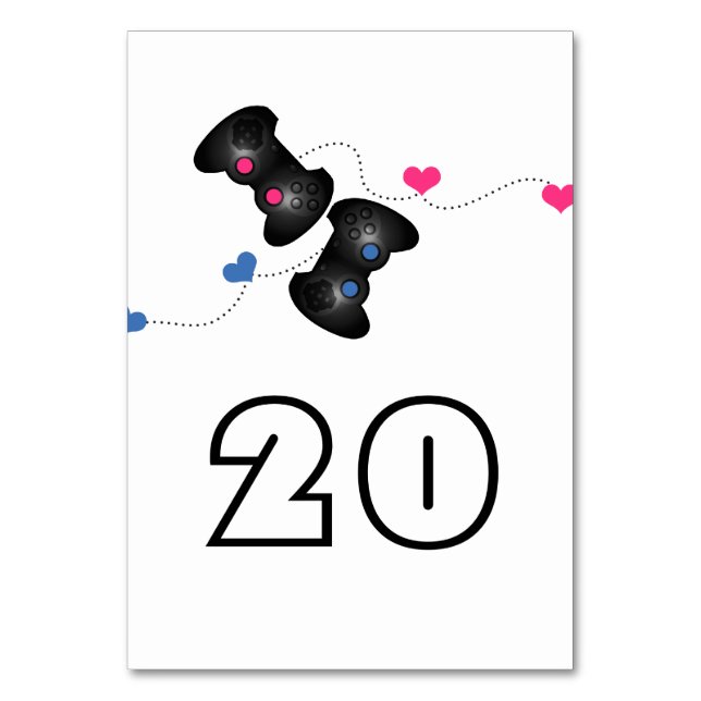 Tarjeta de mesa Boda Geeky Gamers azul rosado oscu (Anverso)