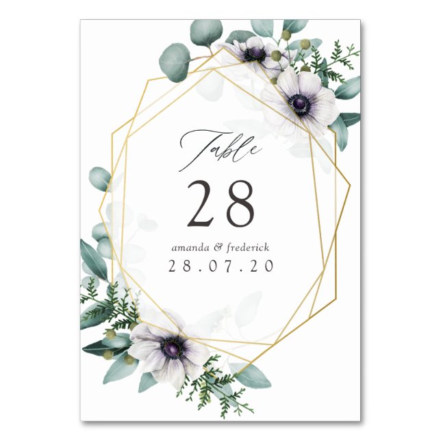Tarjeta De Mesa Boda geométrica de anemone de eucalipto con acuare (Anverso)