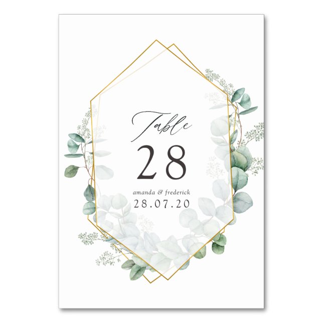 Tarjeta De Mesa Boda geométrica de eucalipto con acuarela (Anverso)