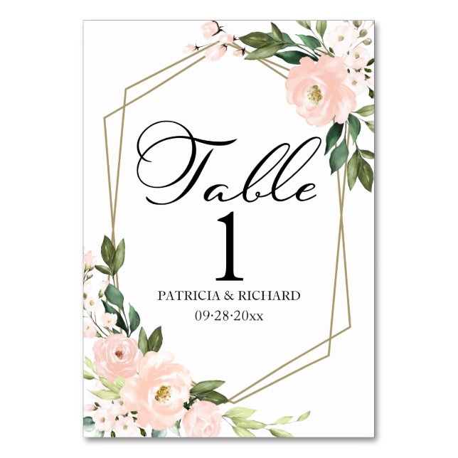 Tarjeta De Mesa Boda geométrica floral con rubor rosa (Anverso)