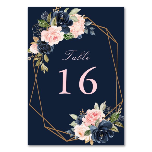 Tarjeta De Mesa boda geométrico de acuarela rosa marina y flor (Anverso)