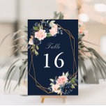 Tarjeta De Mesa Boda geométrico de la Marina Floral y la acuarela<br><div class="desc">un marco floral geométrico con flores color agua rosa y azul marino. El texto y los colores de esta tarjeta se pueden personalizar.</div>