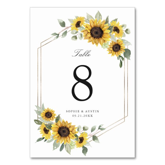 Tarjeta De Mesa Boda Geométrico de Oro Sunflowers Greenery (Anverso)