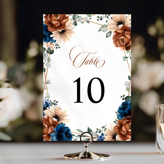 Tarjeta De Mesa Boda geométrico de Terracotta Navy Blue Greenery (Terracotta Navy Blue Greenery Geometric Wedding Table Number)