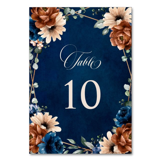 Tarjeta De Mesa Boda geométrico de Terracotta Navy Blue Greenery (Anverso)