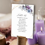 Tarjeta De Mesa Boda geométrico Dusty Purple Blooms<br><div class="desc">Las elegantes y modernas tarjetas de mesa florales de mitad de verano presentan un ramo de rosas acuarelas en tonos de ciruela morada, rosa polvoriento, rosa polvoriento , malva, salvia con hojas botánicas verdes y eucalipto con fondo geométrico dorado. Encontrará más diseños y variaciones de mi tienda "blissweddingpaperie". Y no...</div>