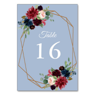 Tarjeta De Mesa boda geométrico floral azul burdeos y polvoriento